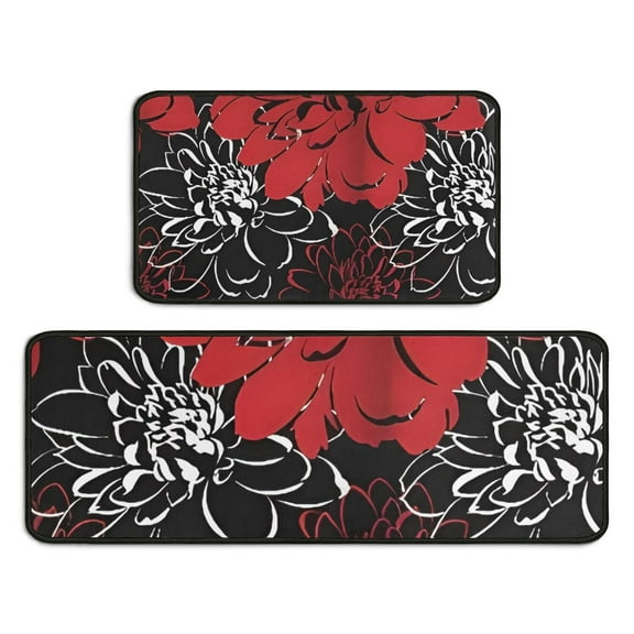 Red and Black Pioneer Flower Pattern Kitchen Rugs Sets Of 2,Anti Fatigue Kitchen Mat Rugs Non Slip Washable,Decorative Kitchen Floor Mats for Kitchen,Sink,Laundry,17"X30"+17"X47"