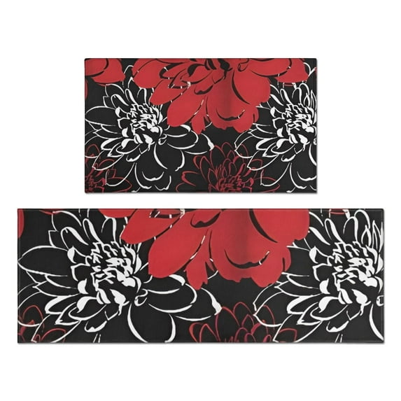 Red and Black Pioneer Flower Pattern Kitchen Rugs Sets Of 2,Anti Fatigue Kitchen Mat Rugs Non Slip Washable,Decorative Kitchen Floor Mats for Kitchen,Sink,Laundry,17"x30"+17"x47"