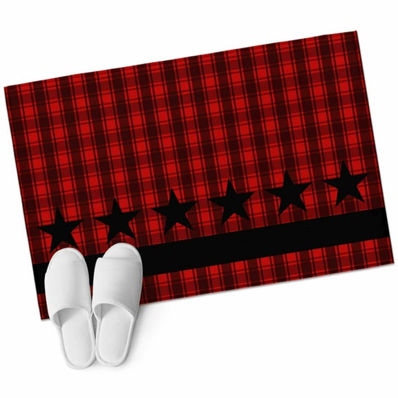 Red Black Plaid Bathroom Mat 2x3 FT, Non Slip Small Kitchen Mat, Country Vintage Star Abstract Gingham Washable Soft Backed Front Door Throw Rug Non-Shedding Indoor Outdoor Doormat for Entryway Sink