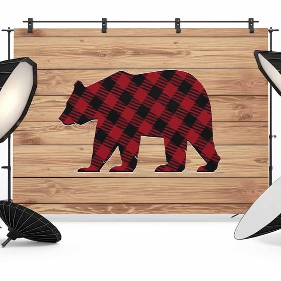 Red Black Plaid Bear Backdrop for Photoshoot,Photography Photo Studio Background Wall Backdrop,Farmhouse Cabin Brown Wood Grain Back Drop Banner Panel for Portraits Wedding Party Live Streaming 7x5Ft