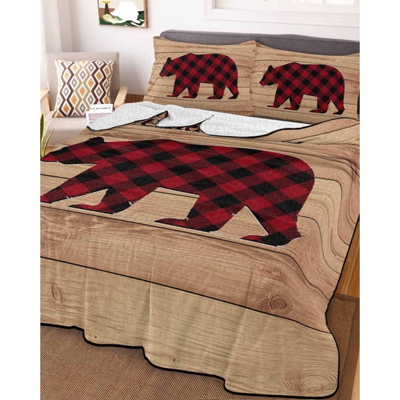 Red Black Plaid Bear King Size Down Alternative Comforter, Lightweight Comforter Quilt Bedding Set with Pillow Shams Farmhouse Cabin Brown Wood Grain All Seasons Bed Comforter Duvet Insert 96"x106"