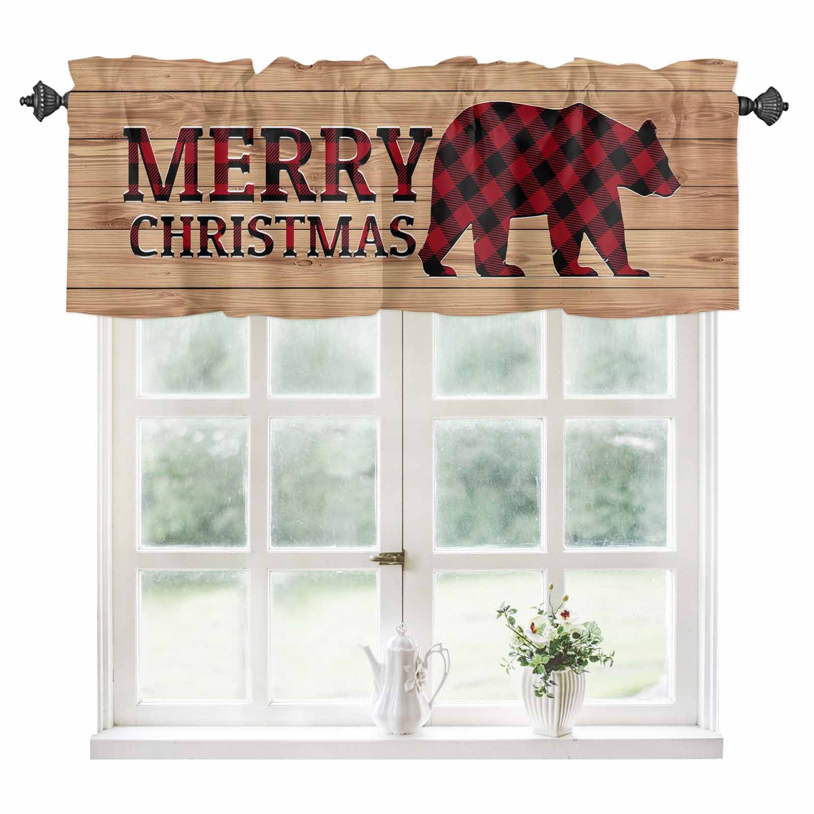 Red Black Plaid Bear Kitchen Valances for Windows 60x18 Inch Kitchen ...