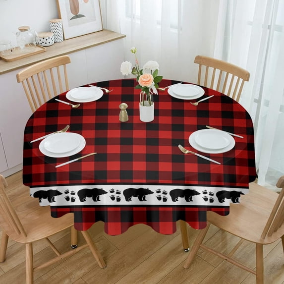 Red Black Plaid Bear Round Tablecloth 60 Inch - Waterproof Fabric Table Cloth Protector, Forest Wild Bear Silhouette Tablecloths Washable Table Cover for Kitchen Banquet Coffee Table Outdoor Party