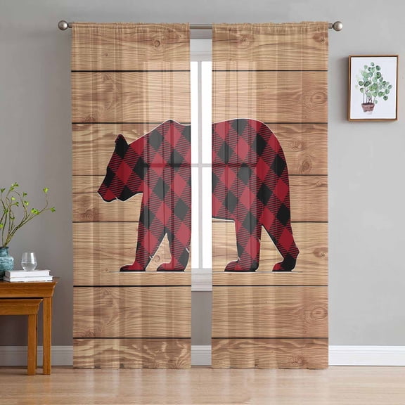 Red Black Plaid Bear Sheer Curtains 72 Inches Long 2 Panels Set, Window Sheer Curtains for Living Room/Bedroom, Farmhouse Cabin Brown Wood Grain Light Filtering Rod Pocket Curtain 52'' x 72'' x 2
