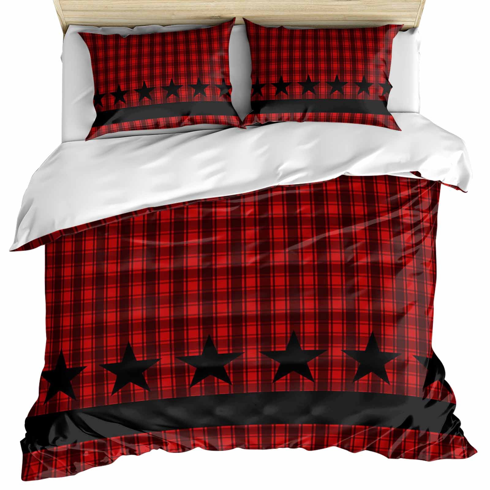 Red Black Plaid Bedding 3 Piece Duvet Cover Set California King, Country Vintage Star Abstract Gingham Soft Microfiber Comforter Cover with Zipper Closure & Pillowcases, FadeResistant Quilt Cover