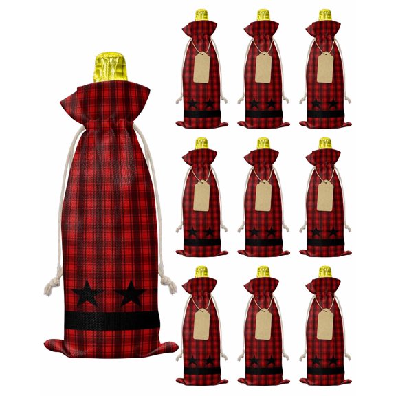 Red Black Plaid Burlap Wine Bags 10 PCS, Country Vintage Star Abstract Gingham Wine Gift Bags Bottle Covers with Drawstring for Holiday Party Wedding Birthday, Reusable Champagne Bottle Bag