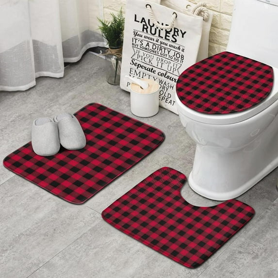 Red Black Plaid Checkered Pattern Bathroom Rugs Sets 3 Piece,Toilet Cover Set,Absorbent Non Slip Bathroom Mats Sets with U-Shaped Contour Rug Toilet Rug Set