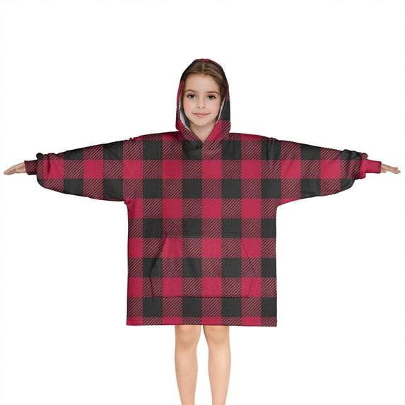 Red Black Plaid Checkered Pattern Blanket Hoodies for Kids 6-13YR Oversize Wearable Blanket Hoodies for Boys Girls Teens