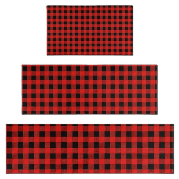 Red Black Plaid Checkered Pattern Kitchen Rugs Sets Of 3,Kitchen Runner Rugs Non Skid Washable,Decorative Kitchen Floor Mats for Kitchen,Sink,Laundry,17"x30"+ 17"x47" + 17"x59"
