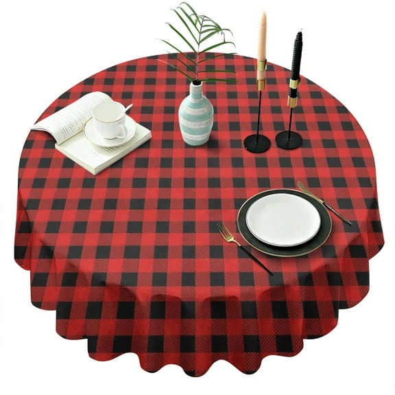 Red Black Plaid Checkered Pattern Round Tablecloth 60"x60",Wrinkle Wipeable Table Cloth for Kitchen Dining Room Picnic Patio Party