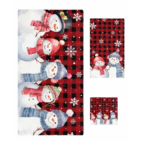 Red Black Plaid Christmas Bath Towels for Bathroom Set,Luxury Microfiber Towels Gifts for Women,Quick Dry Beach Hand Hair Face Towel and Dish Washcloth,Xmas Snowman Snowflake Winter Towels+Set