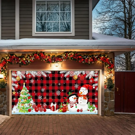 Red and Black Plaid Christmas Garage Banner 7.87x5.9Ft – Snowman Tree Holiday Door Decoration Outdoor Backdrop for Festive Curb Appeal Party Atmosphere Xmas Decor