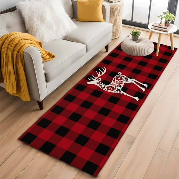 Red Black Plaid Christmas Kitchen Runner Rug 2x6 Washable Runners for Hallway Non Slip Abstract Xmas Deer Winter Large Area Rug Indoor Floor Carpet for Bathroom Laundry Entryway Bedroom Living Room