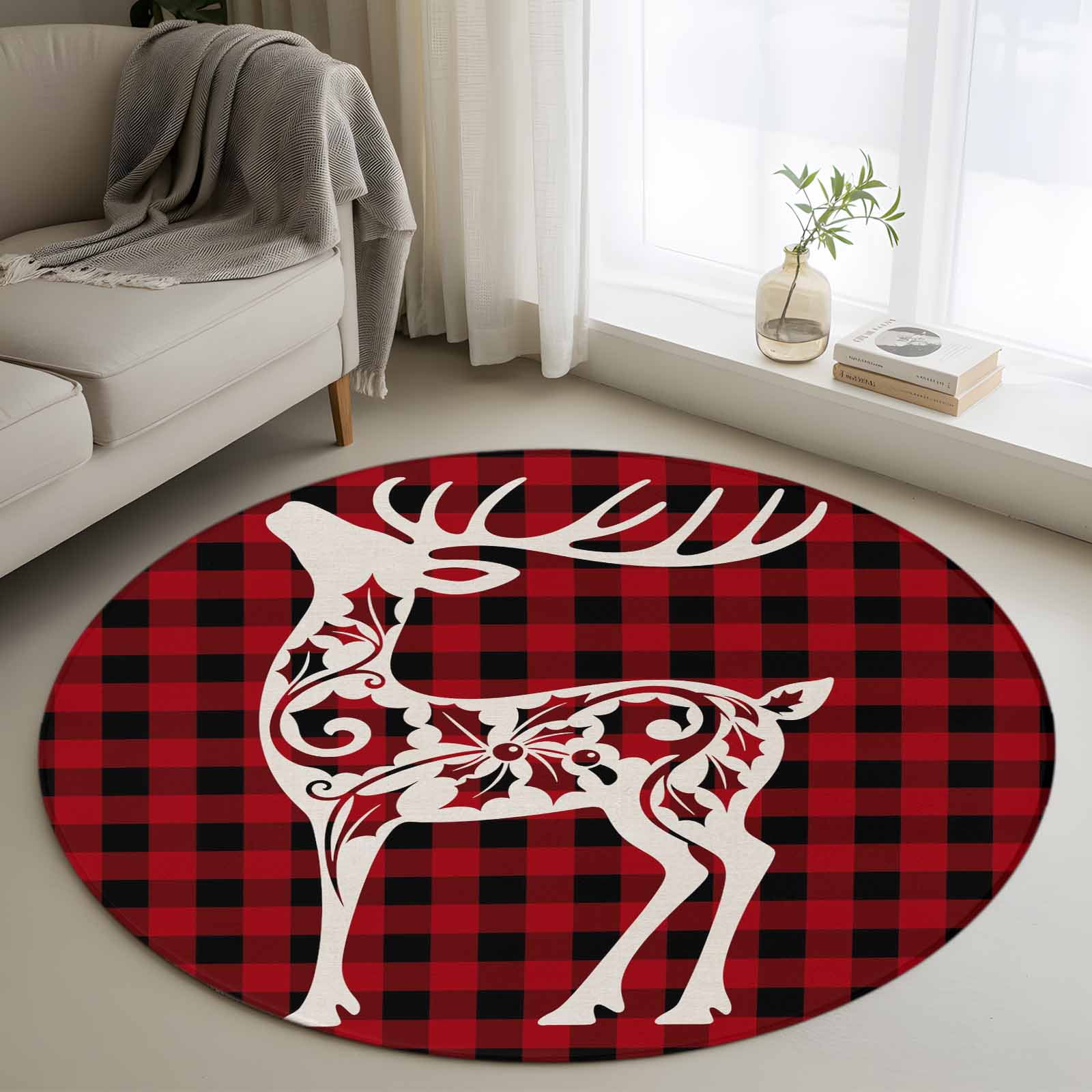 Red Black Plaid Christmas Round Rug 3ft Washable Circle Entryway Rugs ...