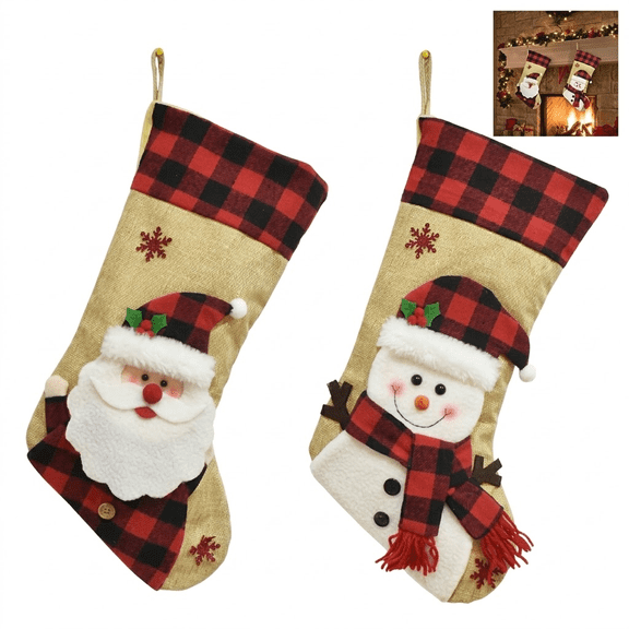 Red Black Plaid Christmas Stocking, 18 Inch Large Xmas Stocking with Wide Opening for Fireplace Mantel Family Holiday Decor(2pcs)