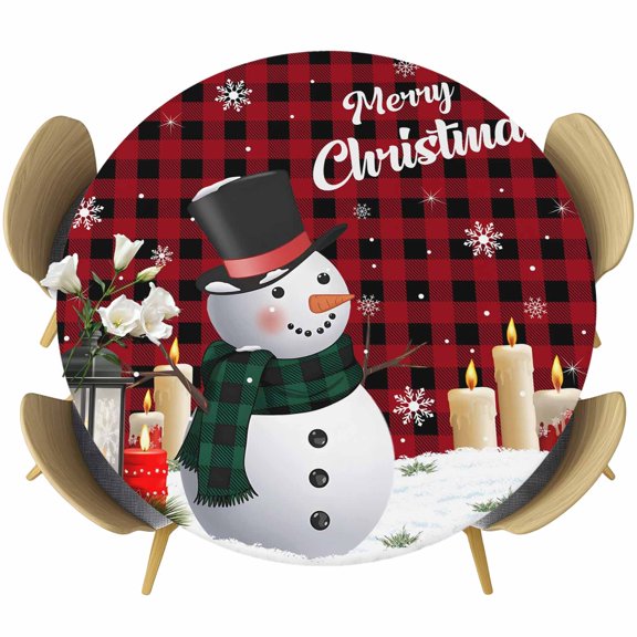 Red Black Plaid Christmas Table Cloth, Round Fitted Tablecloths with Elastic Edge, Xmas Snowman Snowflake Candle Wipeable Waterproof Table Cover for Kitchen Wedding 55-60 Inches