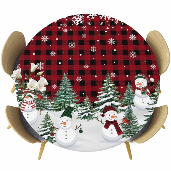 Red Black Plaid Christmas Table Cloth, Round Fitted Tablecloths with Elastic Edge, Xmas Tree Snowman Snowflakes Wipeable Waterproof Table Cover for Kitchen Wedding 45-54 Inches