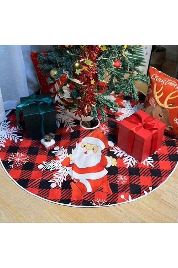 Red Black Plaid Christmas Tree Skirt with Snowflake Santa Claus Pattern（23.7in）