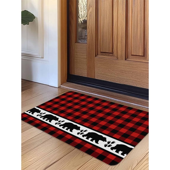 Red Black Plaid Door Mat Indoor Outdoor Entrance, Non Slip Rug for Kitchen Bathroom Entryway Rug, Country Vintage Bear Buffalo Gingham Washable Doormat Floor Mat for Office 20x31.5 Inch