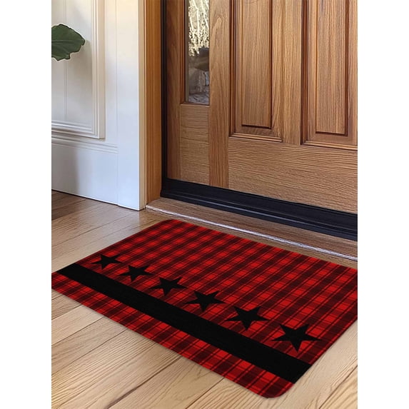 Red Black Plaid Door Mat Indoor Outdoor Entrance,Non Slip Small Rug for Kitchen Bathroom Entryway Rug,Country Vintage Star Abstract Gingham Washable Doormat Floor Mat for Office 16x24 Inch