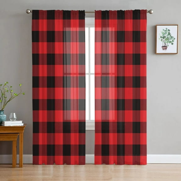 Red Black Plaid Geometric Buffalo Check Curtains For Living Room Bedroom Transparent Tulle Curtains Window Drapes Sheer Curtain