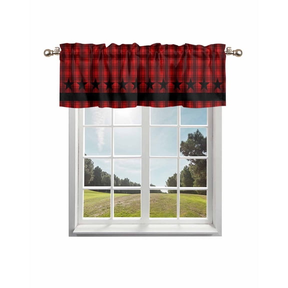 Red Black Plaid Kitchen Curtain Valances for Windows Farmhouse Short Curtains, Country Vintage Star Abstract Gingham Rod Pocket Valance Curtain for Bedroom Cafe Living Room 42"x12"