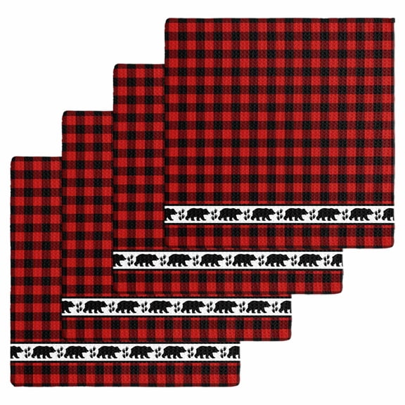 Red Black Plaid Kitchen Dish Towels for Drying Dishes Set of 4, Country Vintage Bear Buffalo Gingham Waffle Weave Microfiber Hand Tea Bathroom Towels Quick Dry & Absorbent Towel 12x12