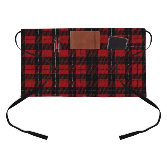 Red Black Plaid Kitchen Restaurant Half Waist Apron, Deep Red Buffalo Plaid Rustic Cotton Fabric Texture Server Short Apron with 3 Pockets Waterproof Oil Waist Aprons for Women Waitress Waiter