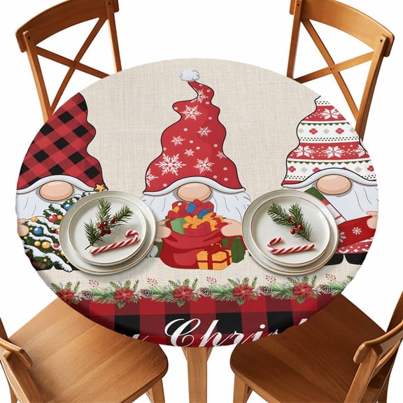 Red Black Plaid Lattice Dwarf Snowflake Fitted Round Tablecloths Table Covers 36"-44",Waterproof Table Cloth for Kitchen Holiday Party Tables Decor