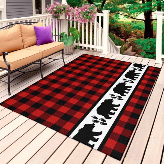 Red Black Plaid Outdoor Rug for Patio/Deck/Porch, Non-Slip Large Area Rug 4 x 6 Ft, Country Vintage Bear Buffalo Gingham Indoor Outdoor Rugs Washable Area Rugs, Reversible Camping Rug Carpet Runner