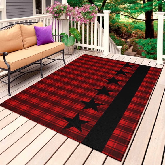 Red Black Plaid Outdoor Rug for Patio/Deck/Porch, Non-Slip Large Area Rug 4 x 6 Ft, Country Vintage Star Abstract Gingham Indoor Outdoor Rugs Washable Area Rugs, Reversible Camping Rug Carpet Runner