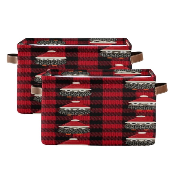 Red Black Plaid Owl with Christmas Hat Square Storage Bins with Handles Collapsible Containing Box 2 Packs