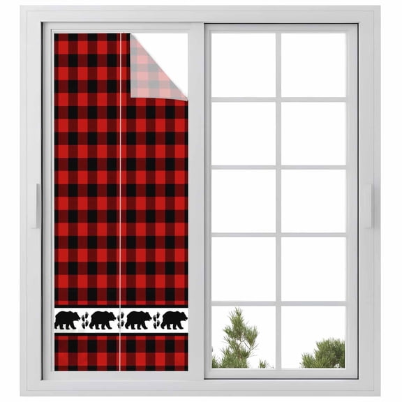 Red Black Plaid Privacy Window Film, Decorative Frosted Glass Window Film, Country Vintage Bear Buffalo Gingham Reusable Peel and Stick Static Cling for Home Bathroom Office Glass Door 23.6"x59"