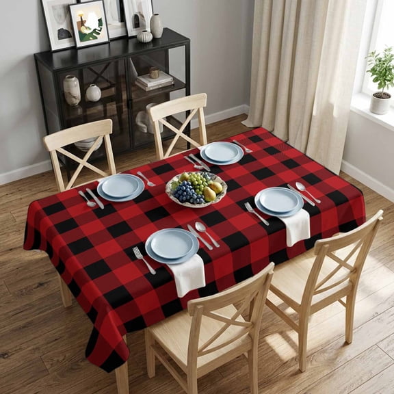 Red Black Plaid Rectangle Tablecloth 52x70 Inch Buffalo Check Geometric Checker Pattern Waterproof Polyester Tablecloth for Dining Table, Washable Table Cover for Kitchen Dining Room Wedding