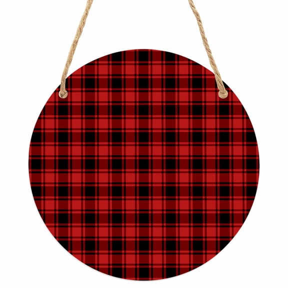 Red Black Plaid Round Front Door Welcome Sign, 5.9 Inch Wall Hanging Decor for Indoor Outdoor, Vintage Farmhouse Abstract Buffalo Check Home Porch Hanger Decorations for Holiday Gift