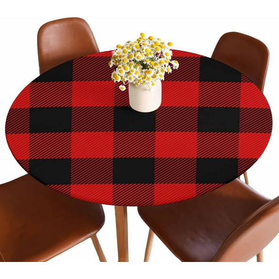 Red Black Plaid Round Tablecloth Scottish Checkered Pattern Classic Colors Traditional Fitted Table Cover Washable Tablecloths for Kitchen Dining Party 40-44 inch