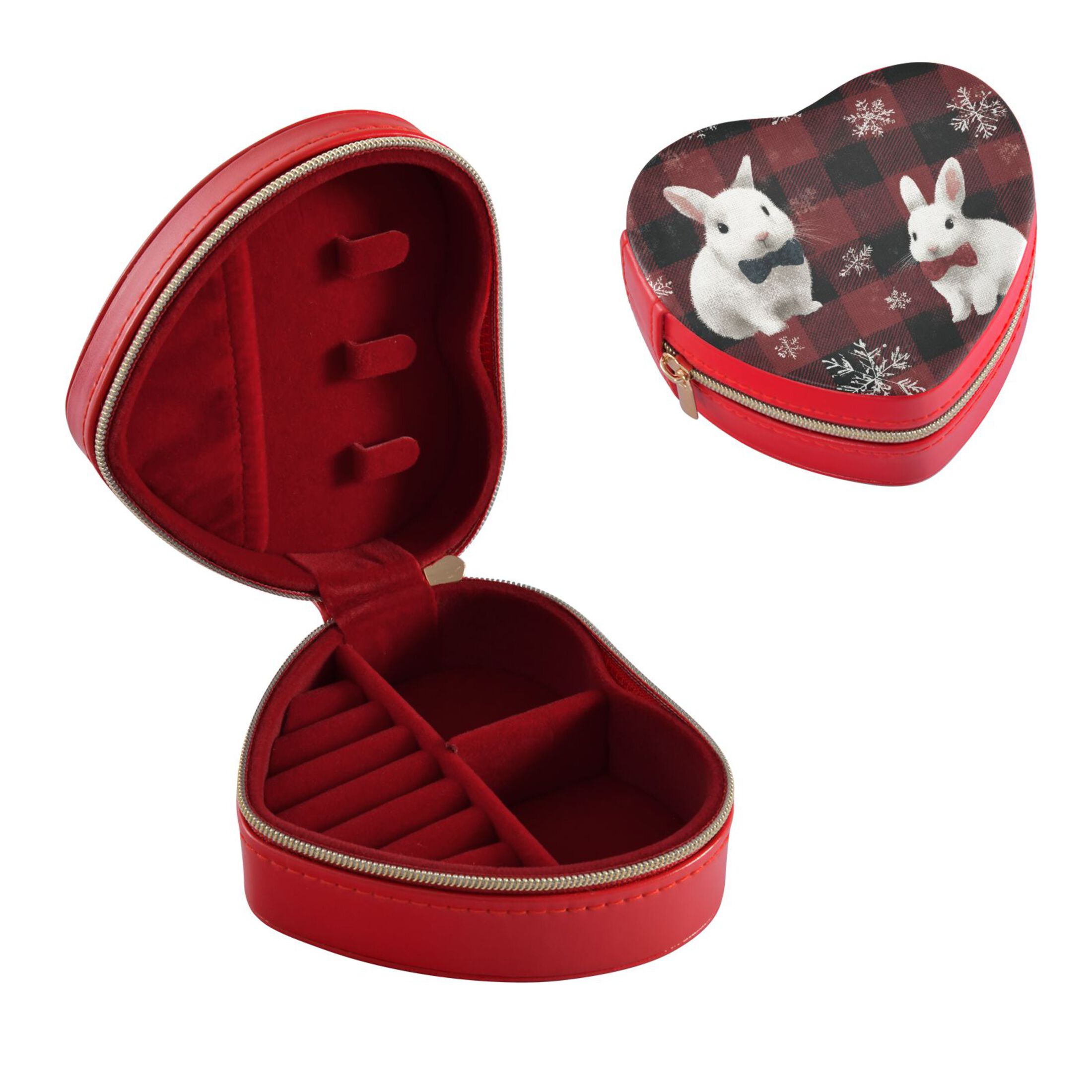 Red Black Plaid Snowflakes Rabbits Christmas PU Leather Heart-shaped ...