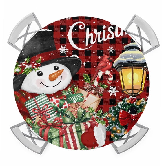 Red Black Plaid Snowman Christmas Round Tablecloth for 45-54 Inch Tables,Fitted Table Cover with Elastic Edge,Xmas Snowflake Botanical Waterproof Outdoor Table Cloth Protector for Patio Garden Dinner