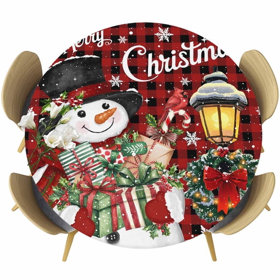 Red Black Plaid Snowman Christmas Round Tablecloth, Fitted Table Cover with Elastic for 55"-60" Round Tables, Xmas Snowflake Botanical Table Cloth Outdoor Indoor Dinning Party Waterproof Tablecloths