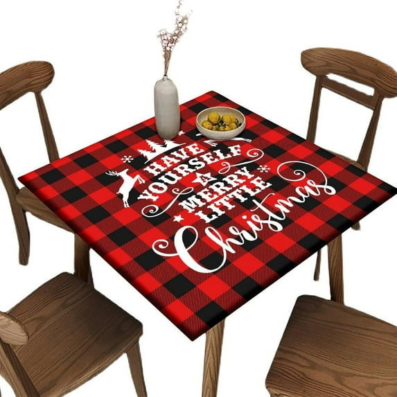 Red Black Plaid Square Fitted Elastic Edge Table Cloths, Christmas Deer Polyester Table Cloth, for Indoor Holiday Family Banquet and Outdoor Patio Use, Fit for 36" x 36" Square Table