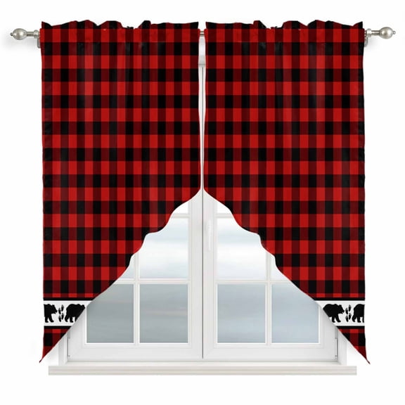 Red Black Plaid Swag Curtains Country Vintage Bear Buffalo Gingham Swag Valances for Kitchen Windows, Window Treatment Topper Curtains for Living Room Bedroom Bathroom, 36" W x 36" L