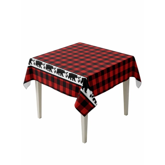 Red Black Plaid Table Cloth, Country Vintage Bear Buffalo Gingham Waterproof Tablecloth for Square Tables, Reusable Washable Fabric Table Cover for Restaurant Kitchen Dining Tables 60"x60"