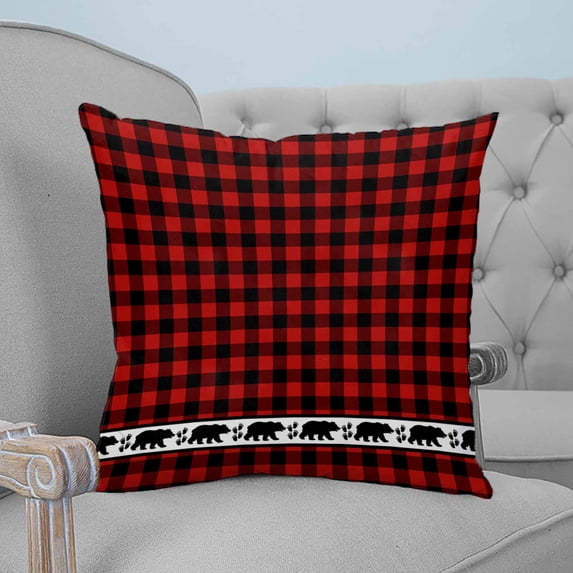 Red Black Plaid Throw Pillow Covers, Soft Pillowcases with Invisible Zipper, Country Vintage Bear Buffalo Gingham Decorative Square Pillow Cushion Covers for Living Room Couch Sofa Bed 26x26 Inches