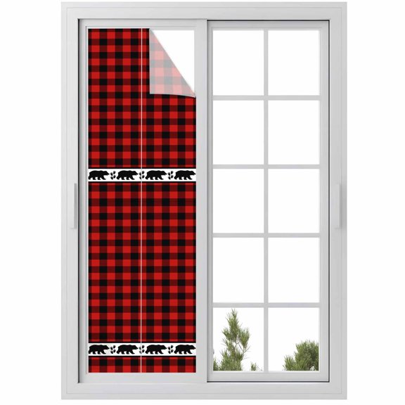 Red Black Plaid Window Privacy Film, Country Vintage Bear Buffalo Gingham Static Cling UV Sun Blocking Heat Control Window Tint Day and Night, Non-Adhesive One Way Windows Privacy Cover 17.7''x78.7''