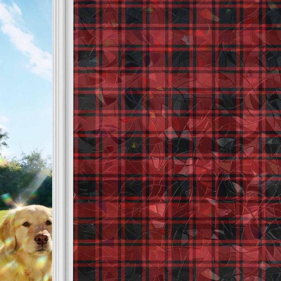 Red Black Plaid Window Privacy Film Stain Glass,Reusable Decorative Rainbow Window Film,Vintage Farmhouse Abstract Buffalo Check Static Cling Sun Blocking Stickers Decals Covers 17.7" x 39.3" (2pcs)
