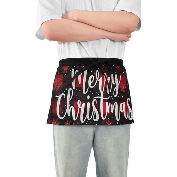 Red Black Plaids Snowflakes Merry Christmas Short Server Apron with 3 Pockets for Unisex Chef Gardening