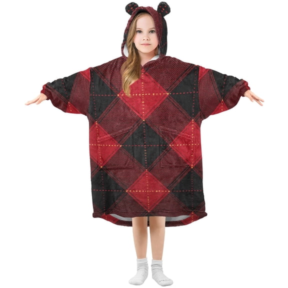 Red Black Plaids with Yellow Lines Flannel Wearable Blankets Hooded Design Long Sleeves Wrap Unisex for 3T-14Y L