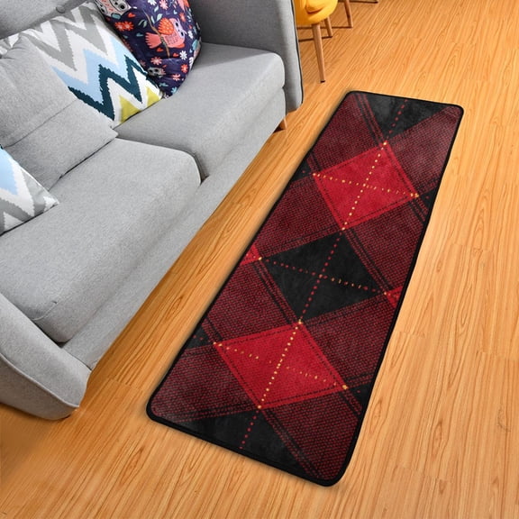 Red Black Plaids with Yellow Lines Long Floor Mat Runner Rug Area Mat Noise Reduction Water Absorbent Non-Slip 72" x 24"