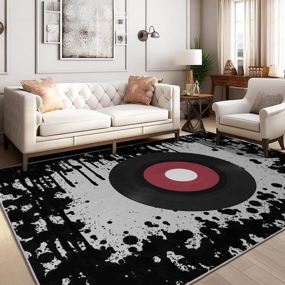 Red Black Record Player Area Rug Vintage Living Room Rugs Black White Tie Dye Watercolor Non Slip Carpet Low Pile For Bedroom-4' × 5'