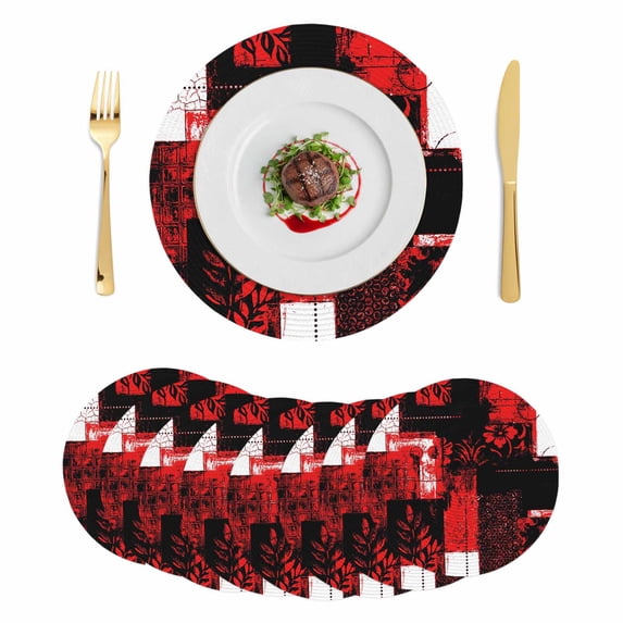 Red Black Round 13 Inch Placemats Set of 8, Modern Abstract Art Botanical HeatResistant Non Slip Place Mats for Dining Table, Wipeable Braided Kitchen Table Mats for Housewarming